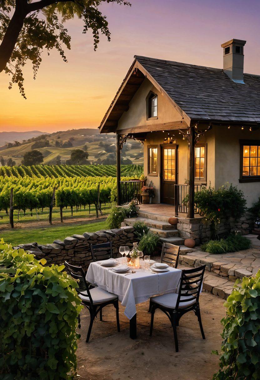 A picturesque vineyard with rolling hills in the background, showcasing rows of grapevines under a golden sunset. A cozy cottage with a rustic charm sits nestled among the vines, with a stylish outdoor seating area featuring glasses of wine and cheese platter. Soft fairy lights twinkle overhead, creating a warm and inviting ambiance. A couple is enjoying a romantic moment, savoring the scenery and each other's company. super-realistic. vibrant colors. 3D.