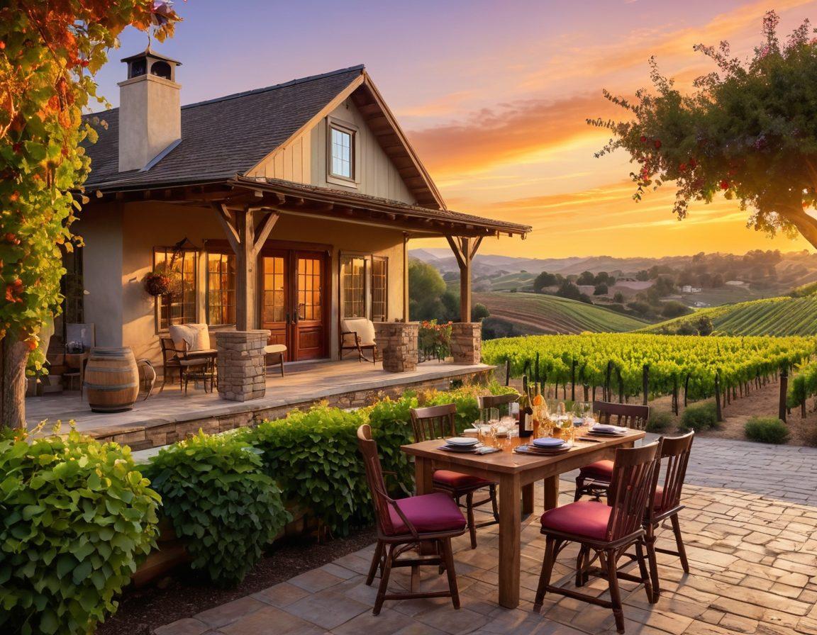 A picturesque vineyard landscape at sunset, featuring rustic wine-themed rental cabins nestled among lush grapevines. Include wine barrels and glasses placed on a wooden table in the foreground, with a cozy patio setting inviting viewers to relax. The sky is a canvas of warm oranges and purples, capturing the essence of an idyllic wine country retreat. super-realistic. vibrant colors. warm atmosphere.